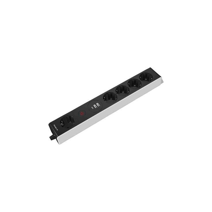 Jatkojohto Gelia Kombi, 1.5m, 5-osainen + 2xUSB-A + 1xUSB-C + kytkin, musta/harmaa