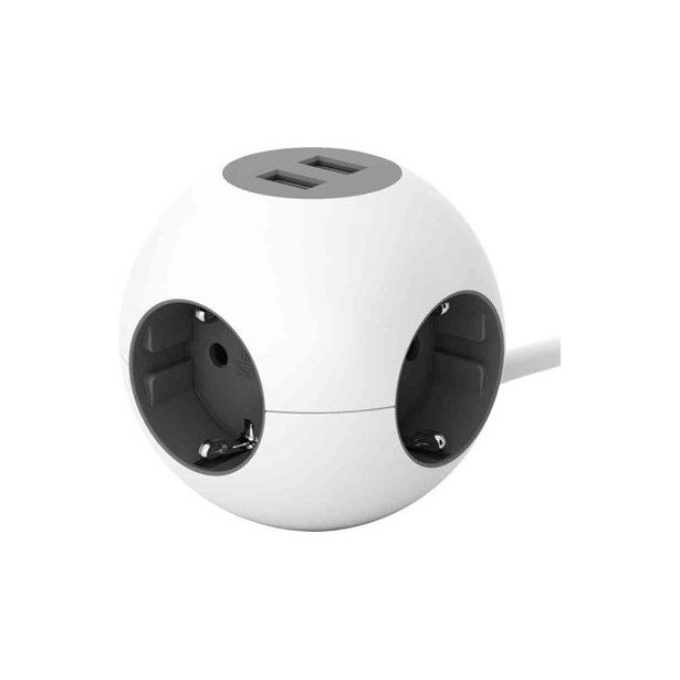 Jatkojohto Gelia Power globe kombi, 2m, 4-osainen + 2xUSB-A, valkoinen/harmaa