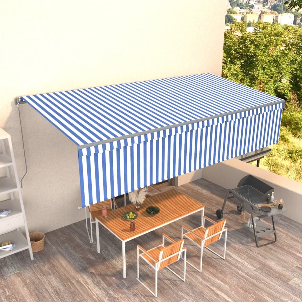 Käsin sisäänkelattava markiisi verhoilla 6x3 m sininen/valkoinen