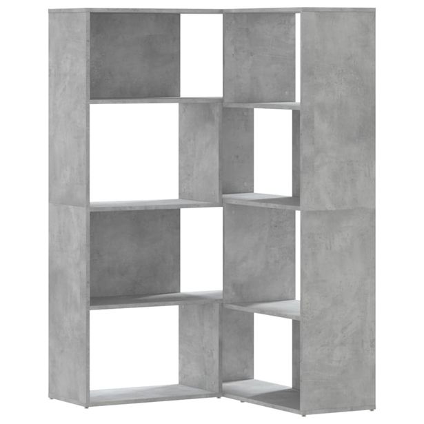 Kulmakirjahylly 4 tasoa betoninharmaa 85x85x140 cm tekninen puu (07813)