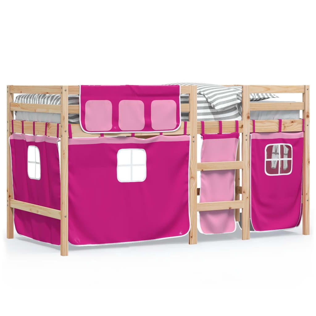 Lasten parvisänky verhoilla pinkki 90x200 cm täysi mänty (83819)
