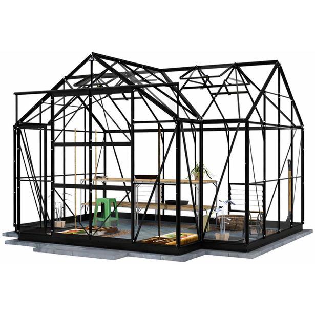 Kasvihuone Lykke T-muotoinen, sis. lasi- ja polykarbonaattipaneelit, musta, 10,2 m2