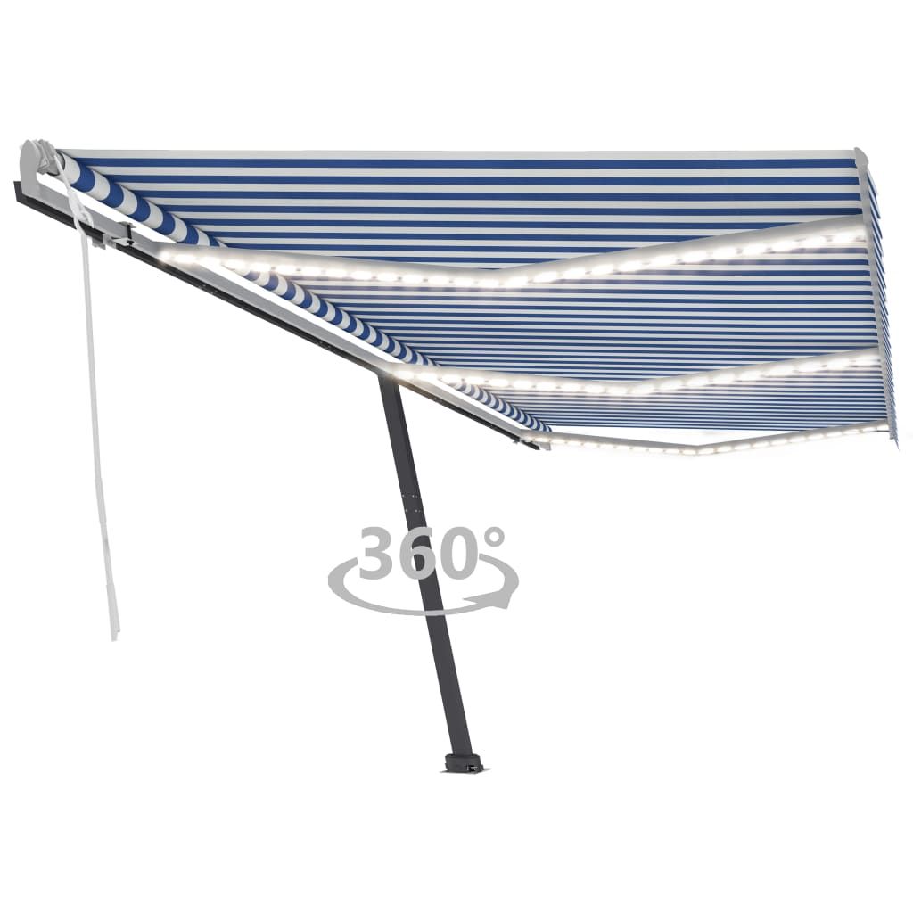 Manuaalisesti kelattava markiisi 1 LEDillä 600x300 cm sininen/valkoinen