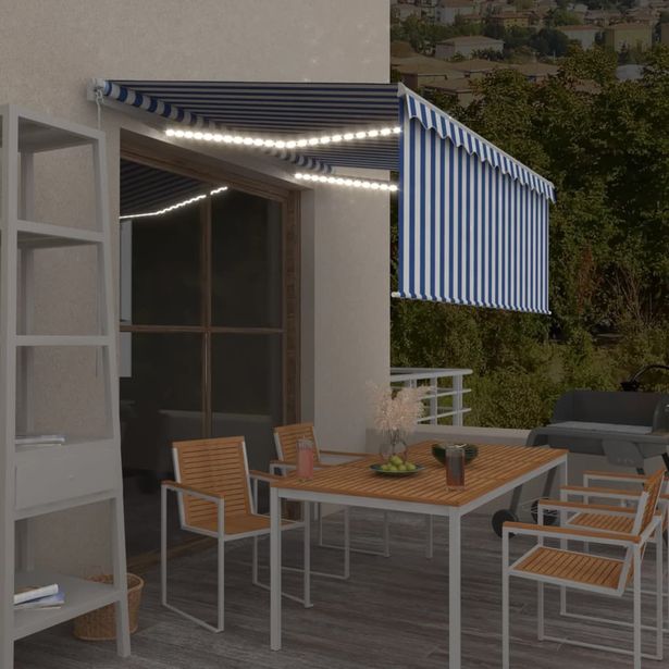 Manuaalisesti kelattava markiisi 2 verho/LED 3x2,5m sininen/valkoinen