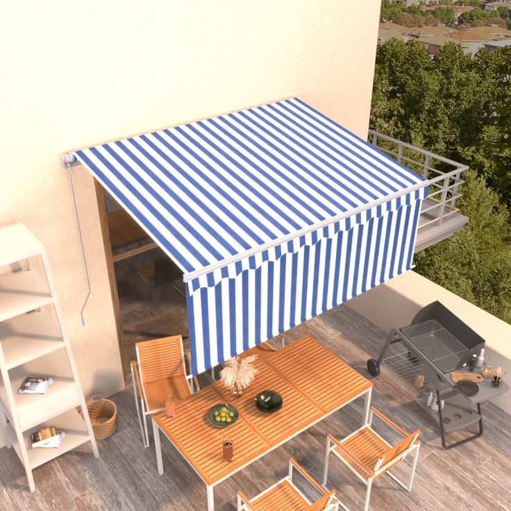 Manuaalisesti kelattava markiisi 2 verhoilla 3x2,5m sininen/valkoinen