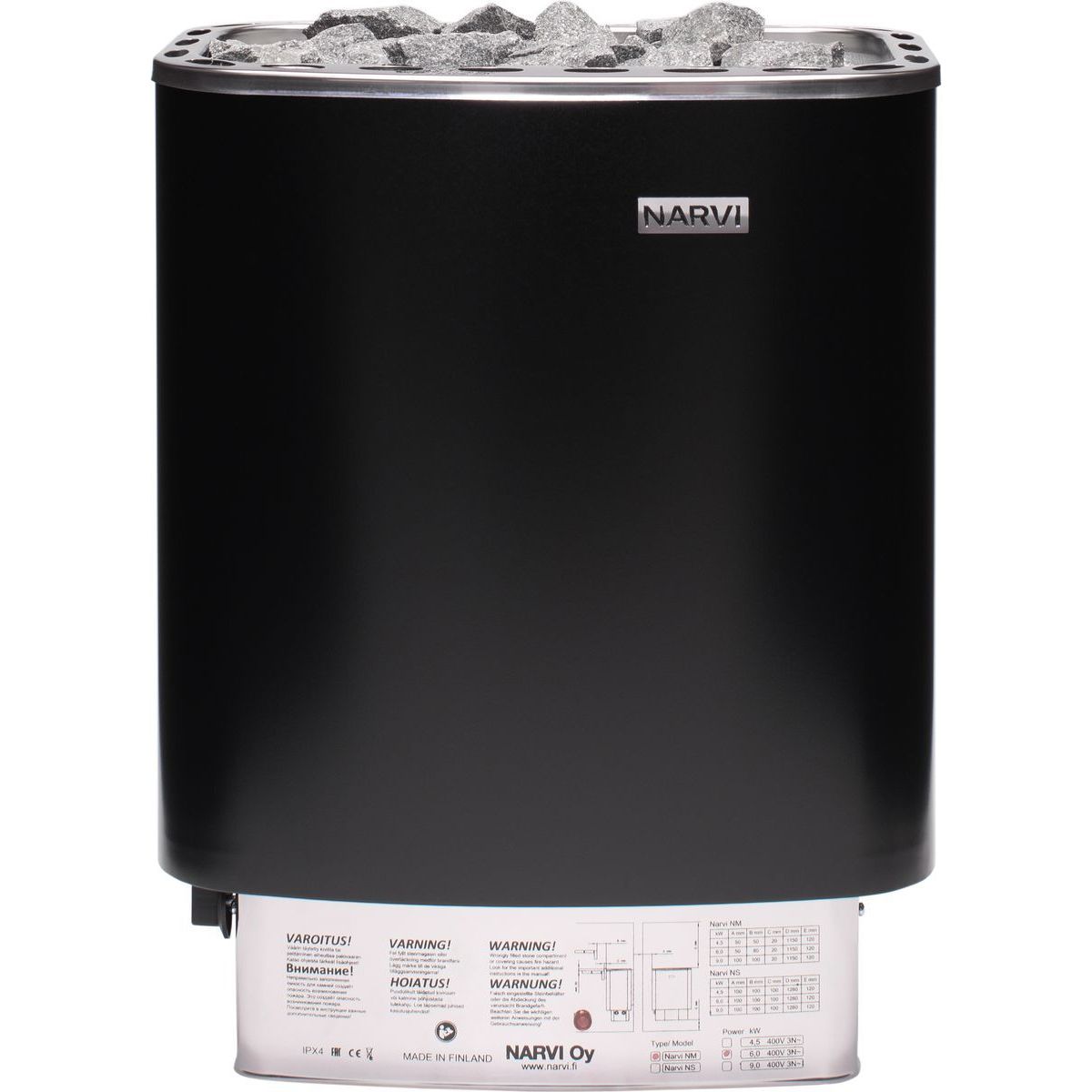 Sähkökiuas Narvi NM 600, 6.0kW, 6-9m³, kiinteä ohjaus, musta