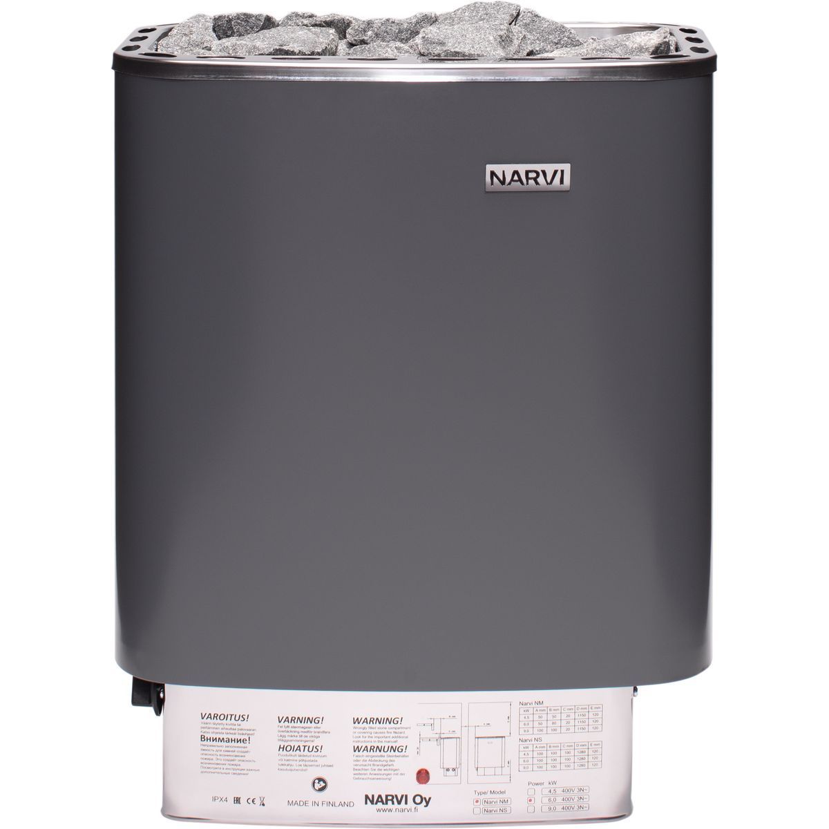 Sähkökiuas Narvi NM 900, 9.0kW, 9-15m³, kiinteä ohjaus, harmaa