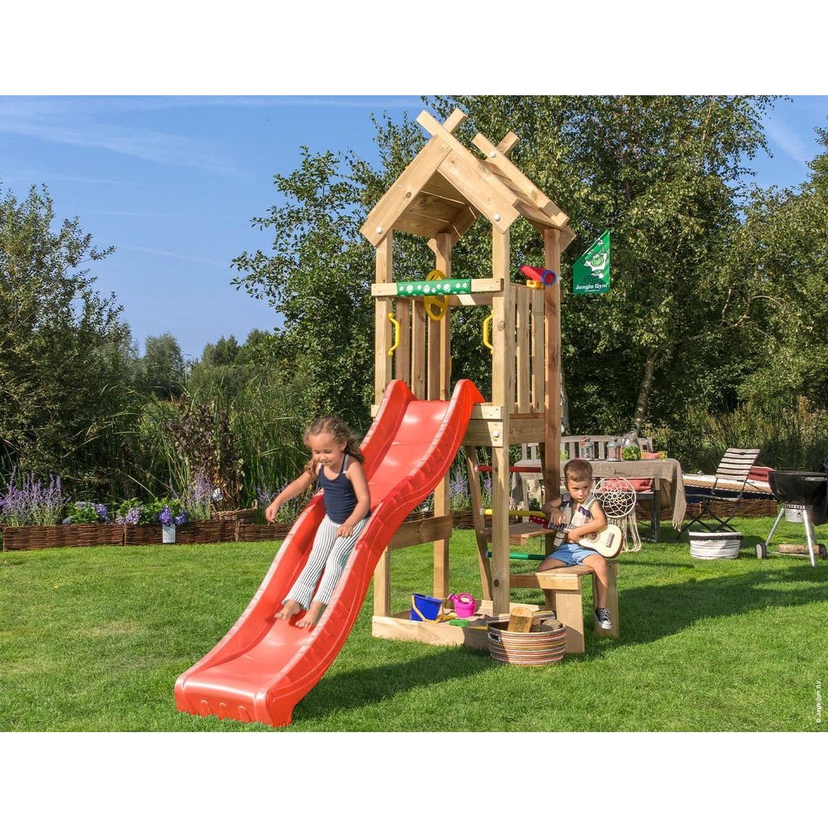 Leikkitorni Jungle Gym Totem, punainen liukumäki
