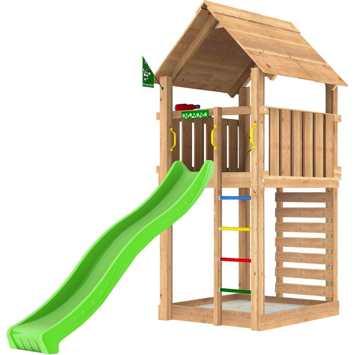 Leikkitorni Jungle Gym Cabin 2.1, vihreä liukumäki ja 120 kg hiekkaa