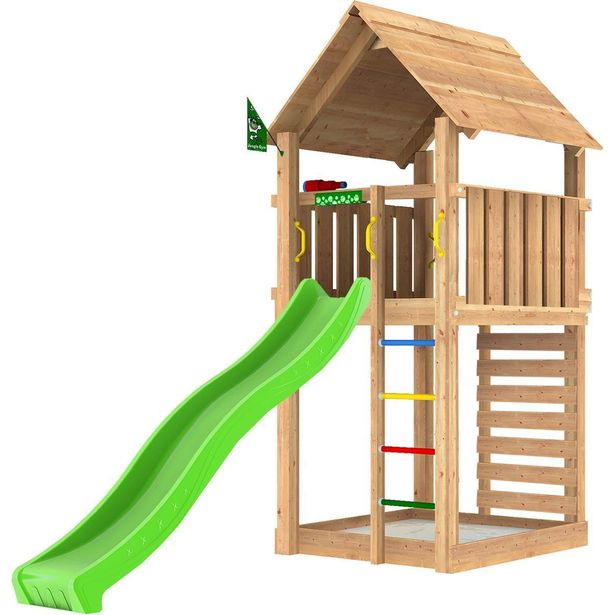 Leikkitorni Jungle Gym Cabin 2.1, liukumäki ja 120 kg hiekkaa