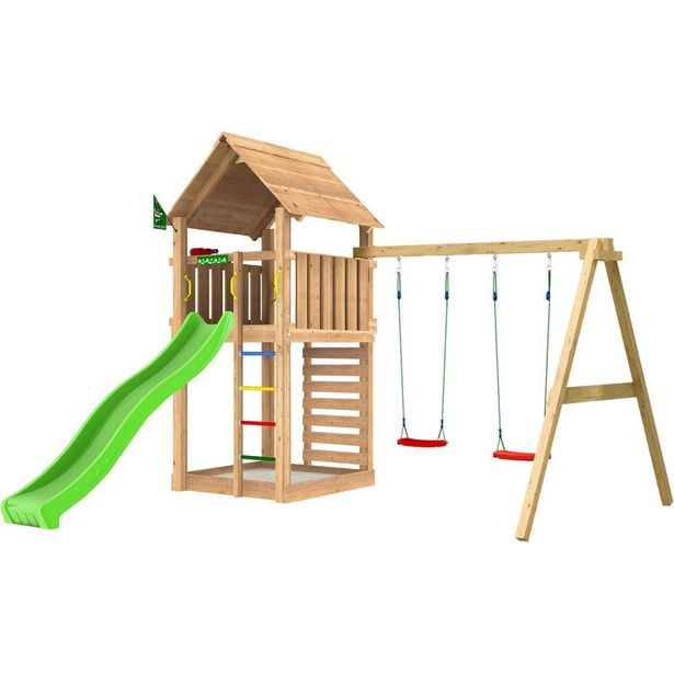 Leikkitorni Jungle Gym Cabin 2.1, 2-Swing Module 220, liukumäki ja 120 kg hiekkaa