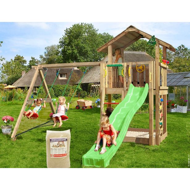 Leikkitorni Jungle Gym Chalet 2.1, 2-Swing Module 220, liukumäki ja 120 kg hiekkaa