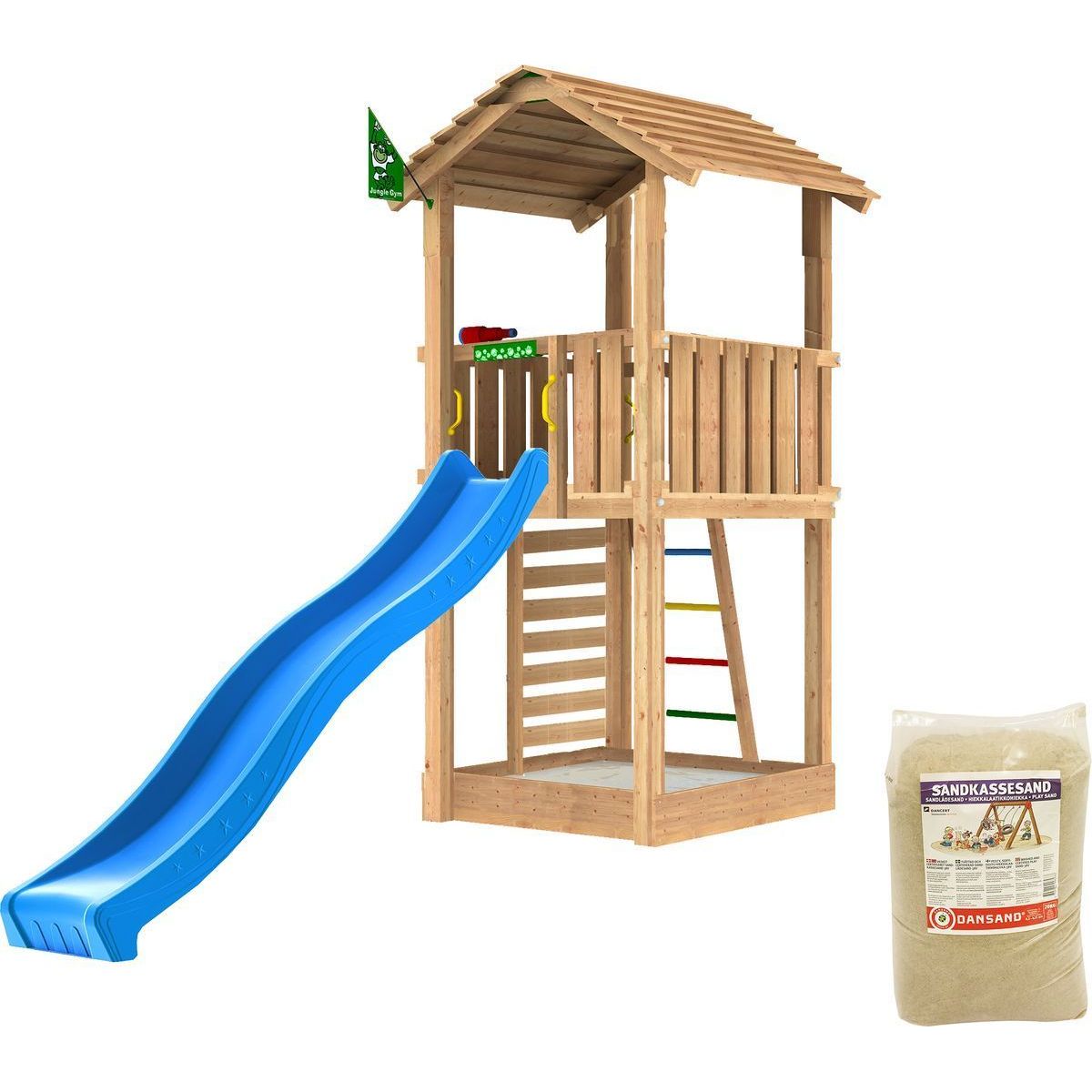 Leikkitorni Jungle Gym Cottage 2.1, sininen liukumäki ja 120 kg hiekkaa