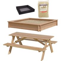 Hiekkalaatikko Nordic Play Active, 150x150cm, lehtikuusi, verkko, 200 kg hiekkaa ja pöytä/penkkisetti