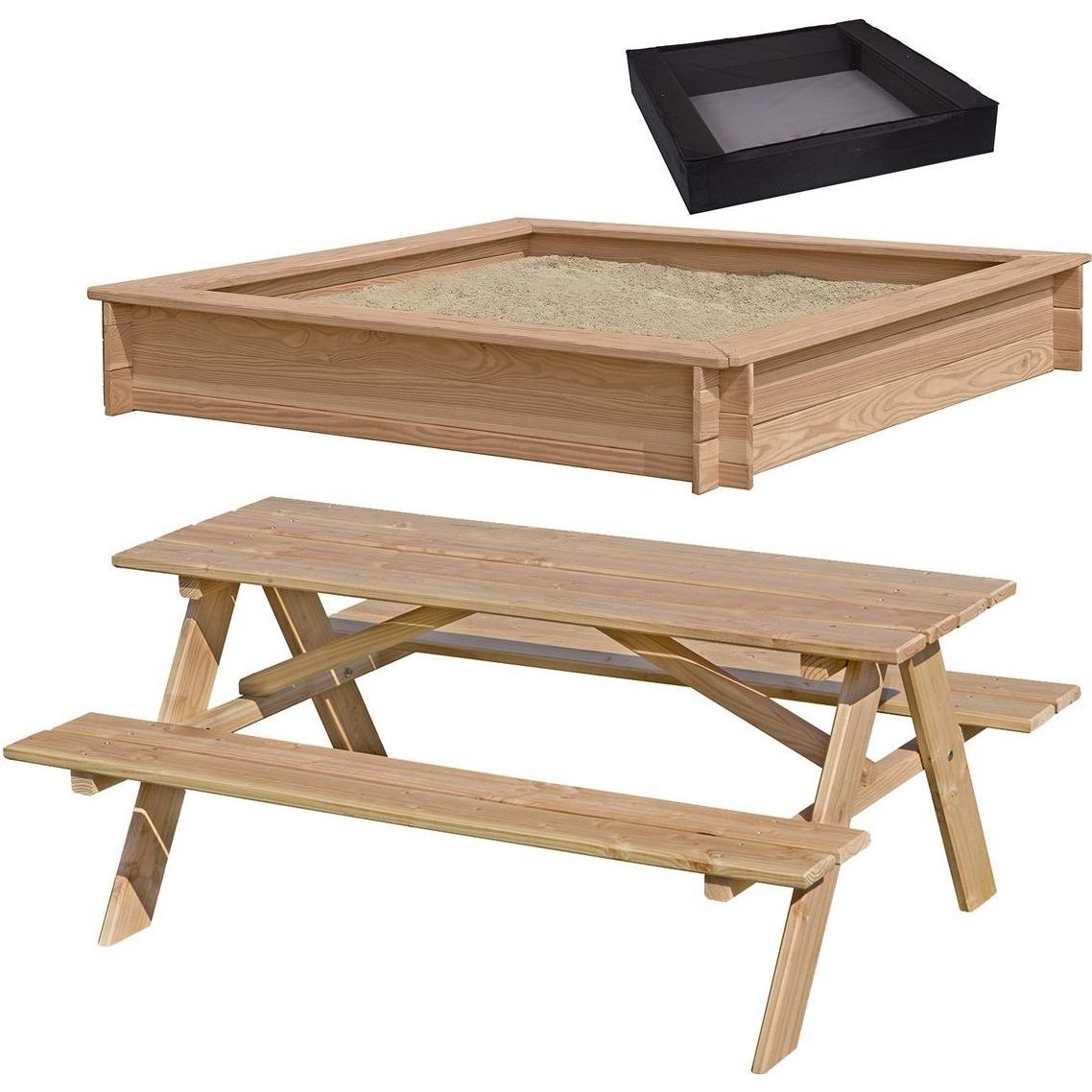 Hiekkalaatikko Nordic Play Active, 150x150cm, lehtikuusi, verkko ja pöytä/penkkisetti