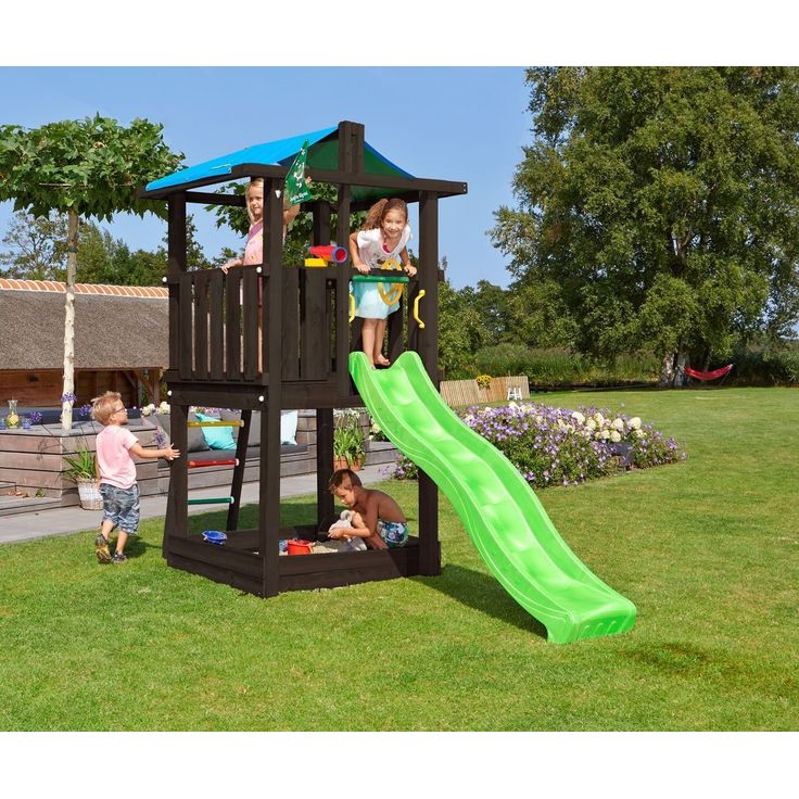 Leikkitornikokonaisuus Jungle Gym Hut 2.1, mustaksi petsattu, vihreä liukumäki