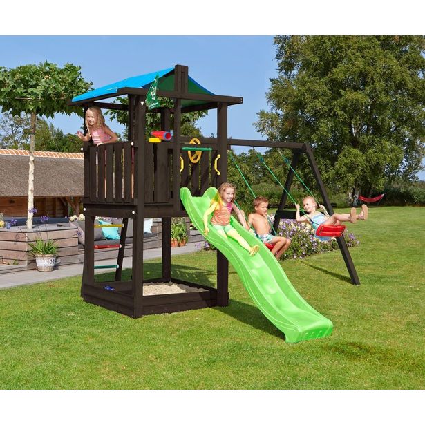 Leikkitornikokonaisuus Jungle Gym Hut 2.1, mustaksi petsattu, 2-Swing Module 220, vihreä liukumäki