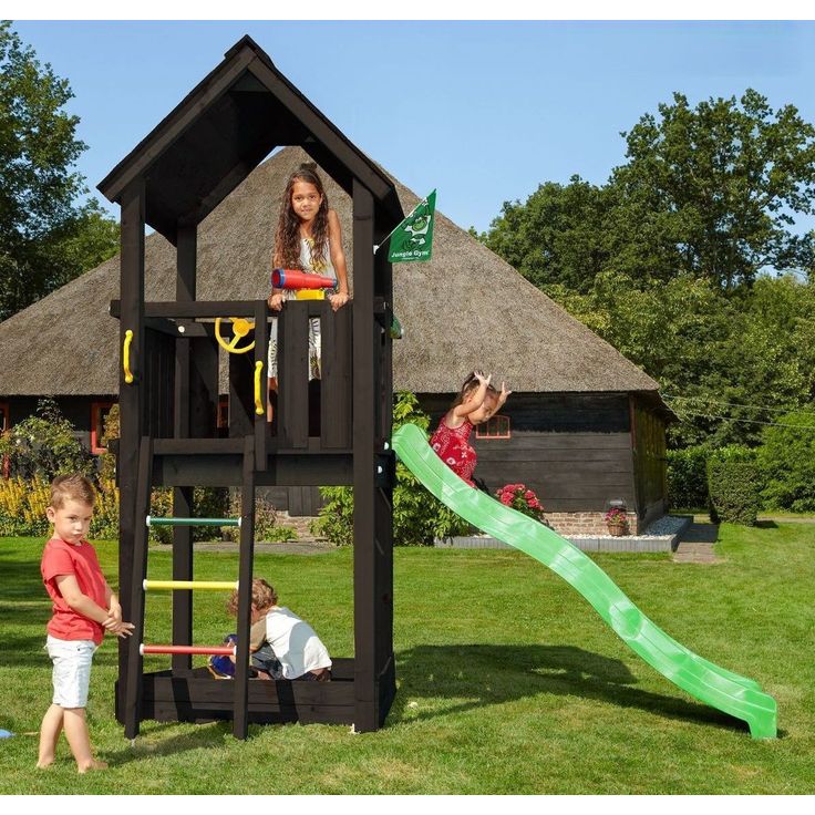 Leikkitornikokonaisuus Jungle Gym Club 2.1, mustaksi petsattu, vihreä liukumäki