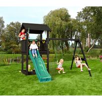 Leikkitornikokonaisuus Jungle Gym Casa 2.1, 2-Swing Module 220, mustaksi petsattu, tummanvihreä liukumäki