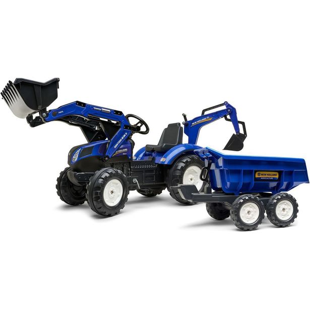 Leikkikaivuri Falk New Holland, sis. peräkärryn kipillä, sininen