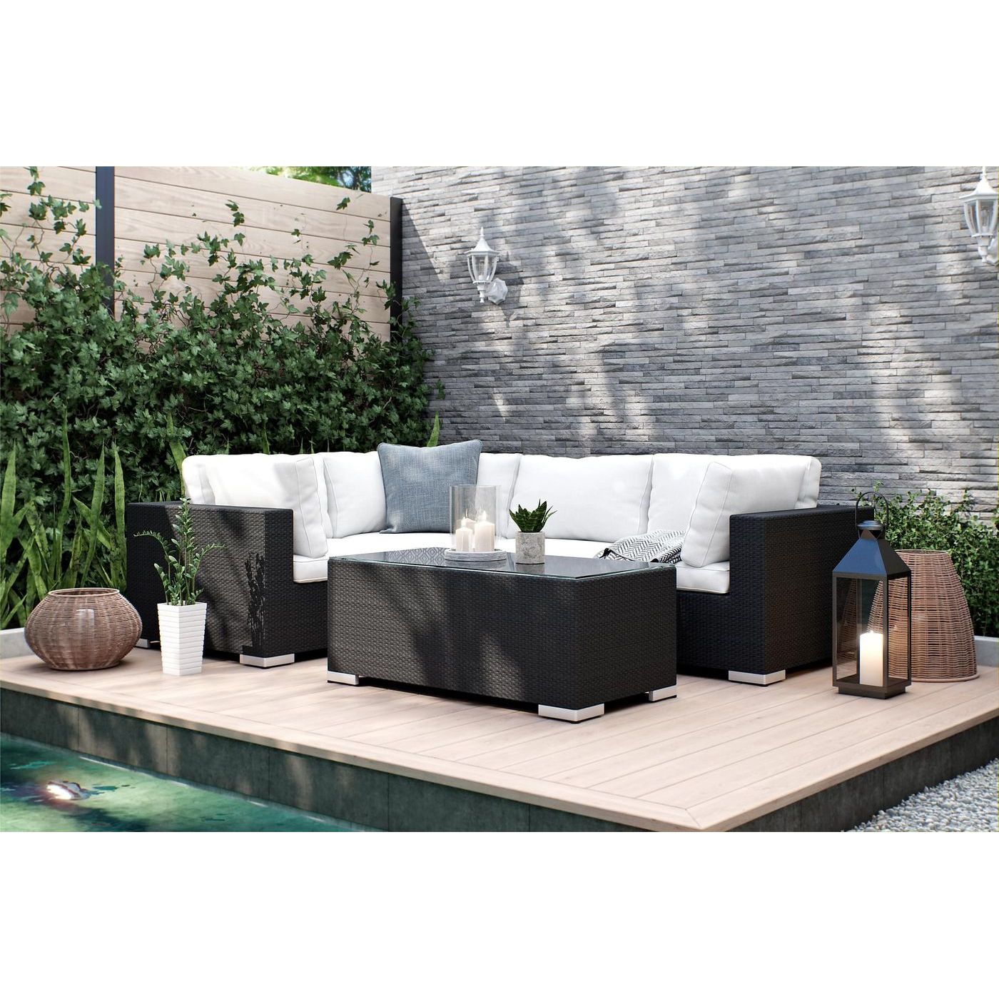 Ulkosohvaryhmä Bahamas, 4-istuttava kulmasohva + sohvapöytä, musta/valkoinen