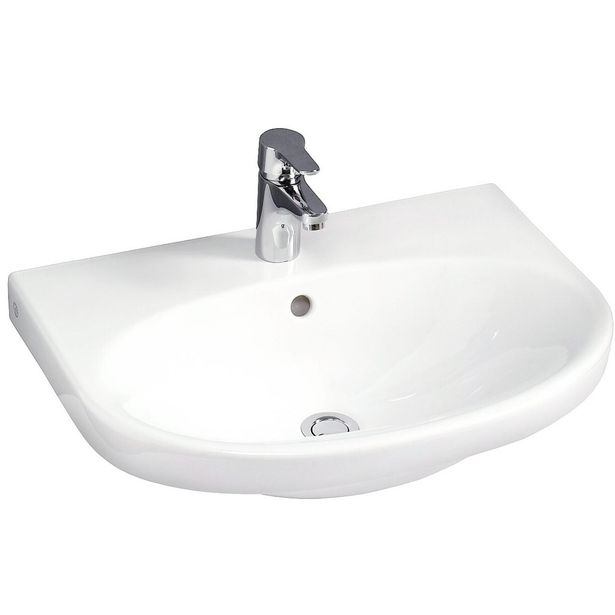 Pesuallas Gustavsberg Nautic, 60 cm, pultti/kannatinkiinnitys, hananreikä keskellä, ylivuotoaukolla, CeramicPlus