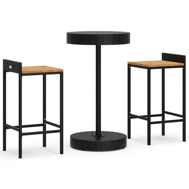 Puutarhan bistrosarja 3-osainen musta polyrottinki/täysi akasiapuu (87714)