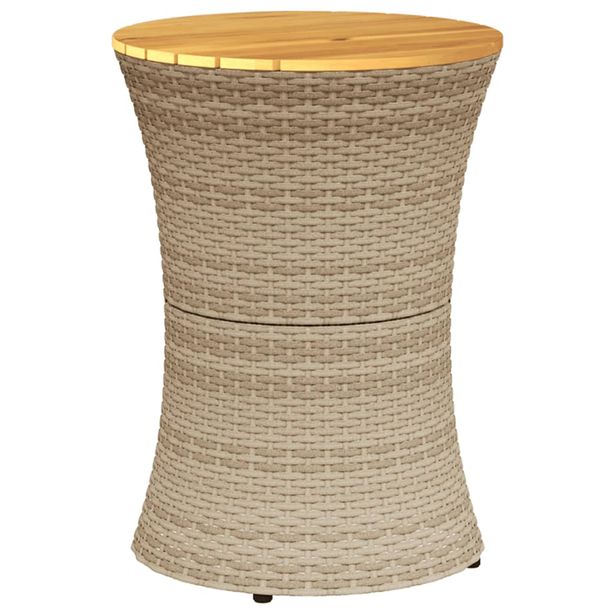 Puutarhan sivupöytä rummun muotoinen beige polyrottinki ja puu (68298)