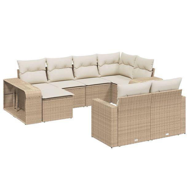 Puutarhan sohvasarja 10-osainen tyynyillä beige polyrottinki (28898)