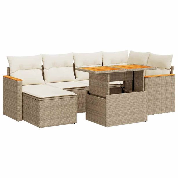 Puutarhan sohvasarja 7-osainen tyynyillä beige polyrottinki (27509)