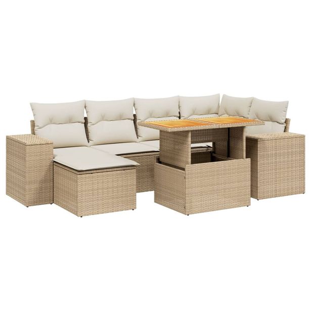 Puutarhan sohvasarja 7-osainen tyynyillä beige polyrottinki (72738)