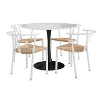 Ruokailuryhmä Caitly, Ø100cm ruokapöytä, 4 Elysia tuolia, valkoinen/luonnonväri (50891)