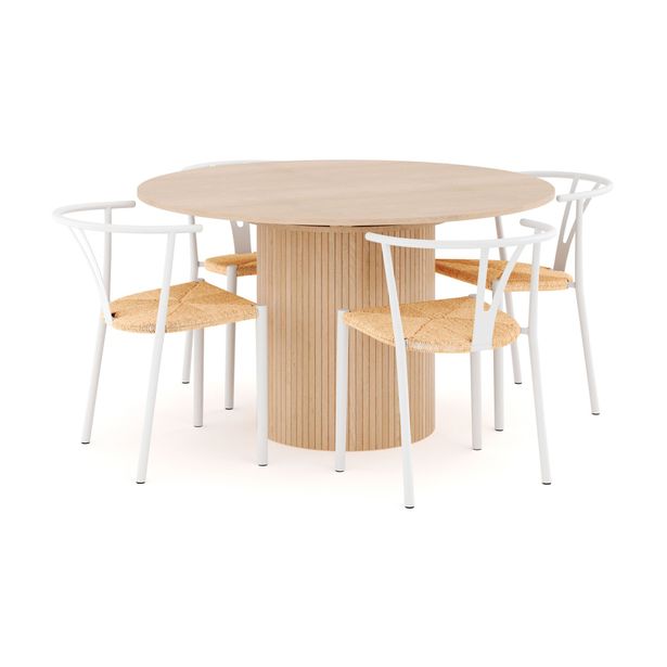 Ruokailuryhmä Kopparbo, Ø130cm, jatkettava, 4 Elysia ruokatuolia, beige (00730)