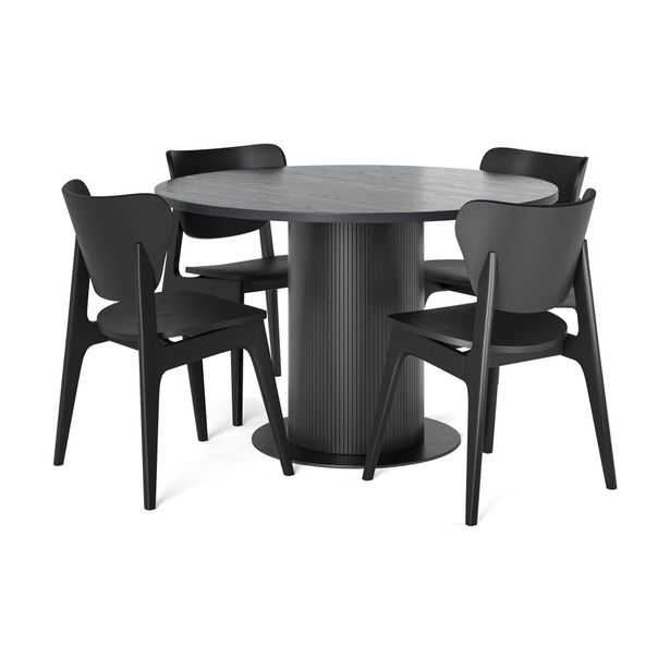 Ruokailuryhmä Neandir, 120cm Ø, pyöreä tolppajalka, 4 tuolia Skagana, musta (00216)