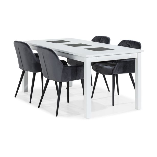 Ruokailuryhmä Octavia, 180cm, jatkettava, 4 Khloe tuolia, sametti, valkoinen (98876)