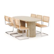 Ruokailuryhmä Uppveda, pöytä travertiinin näköinen, 6 Build ruokatuolia, beige (01659)