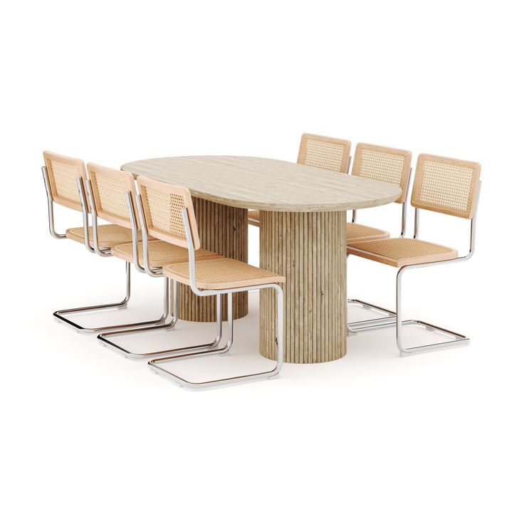 Ruokailuryhmä Uppveda, pöytä travertiinin näköinen, 6 Build ruokatuolia, beige (01659)