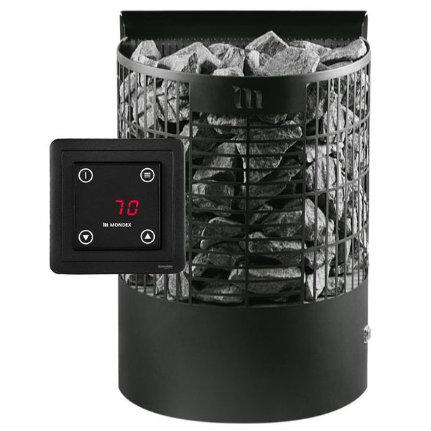 Sähkökiuas Mondex Teno E2, 6.6kW, 6-9m3, erillinen ohjaus, musta