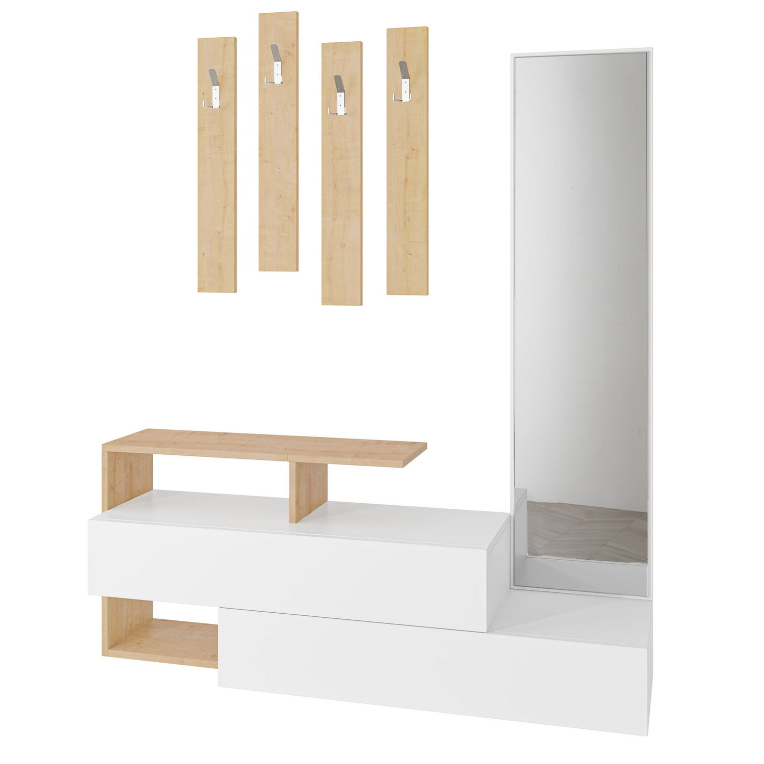 Säilytyskokonaisuus eteiseen Linento Furniture Ramda, valkoinen/tammi