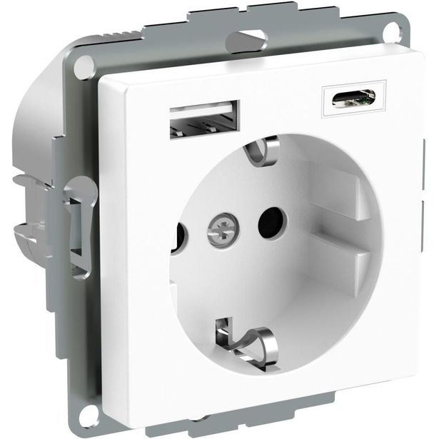 Pistorasia Schneider Electric Exxact 1-osainen + 2x USB lataus A+C 3 A, valkoinen