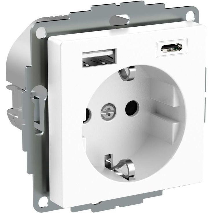 Pistorasia Schneider Electric Exxact 1-osainen + 2x USB lataus A+C 3 A, valkoinen