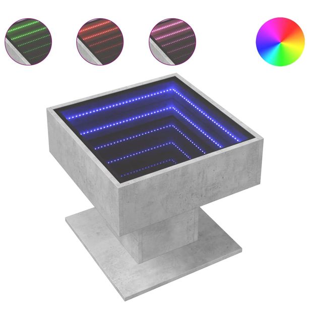 Sohvapöytä LED-valoilla betoninharmaa 50x50x45 cm tekninen puu (47528)