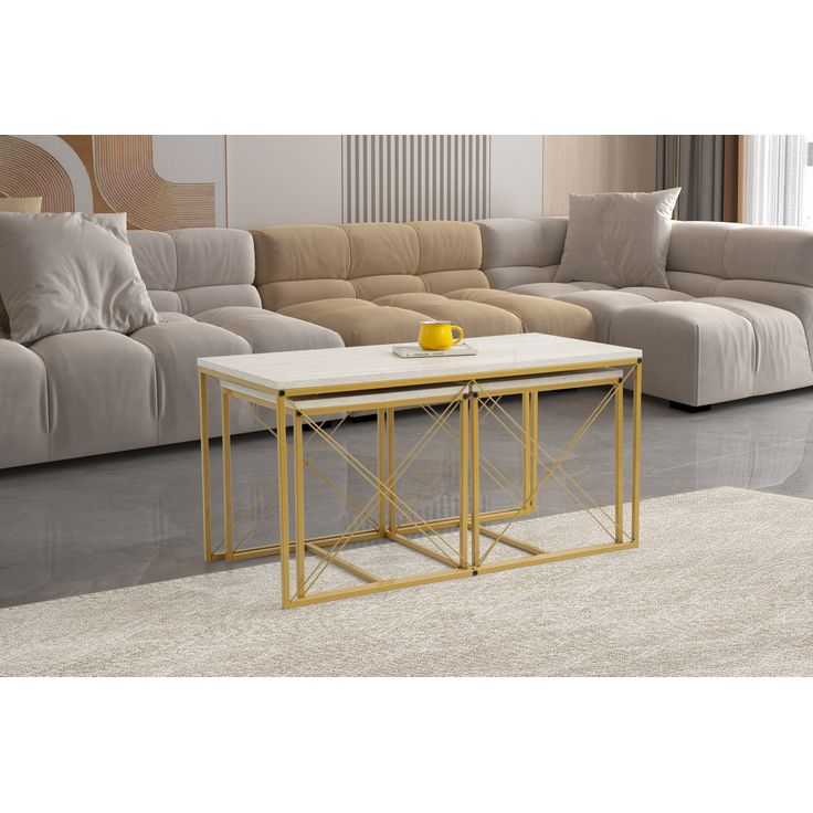 Sohvapöytäsetti Linento Furniture Defne, kulta/marmorijäljitelmä