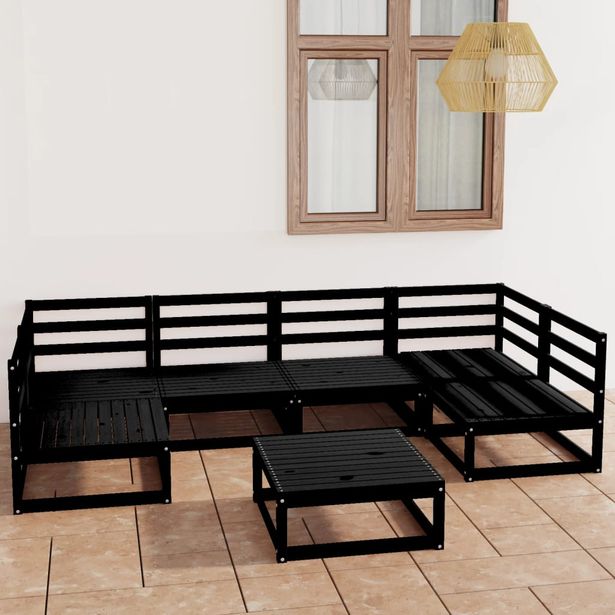 Sohvasarja ulkokäyttöön, mänty, musta, 7 osaa