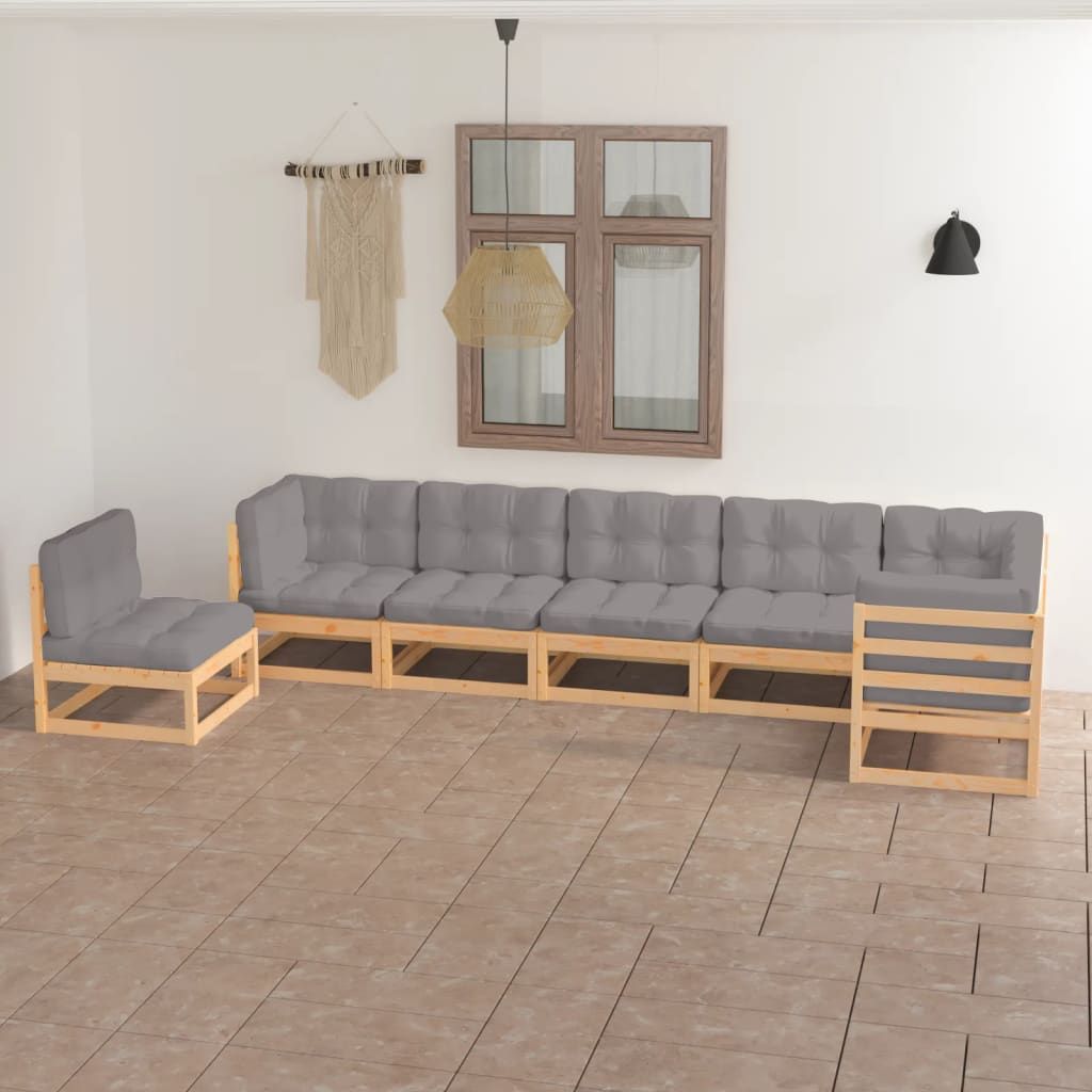 Sohvasarja ulos pehmusteilla, käsittelemätön mänty/harmaa, 7 osaa