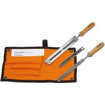 Viilasarja Stihl 1/4&quot; ja 3/8&quot; P-ketjuille, sis. kahvan pyöreällä viilalla, litteän viilan ja viilanohjaimen