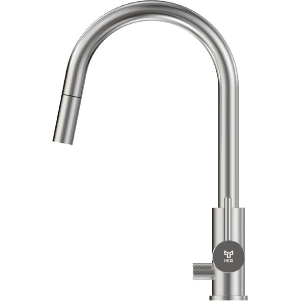 Keittiöhana INOX by Tammiholma Q1, C-putki, ulosvedettävä juoksuputki ja APK-venttiili, harjattu teräs