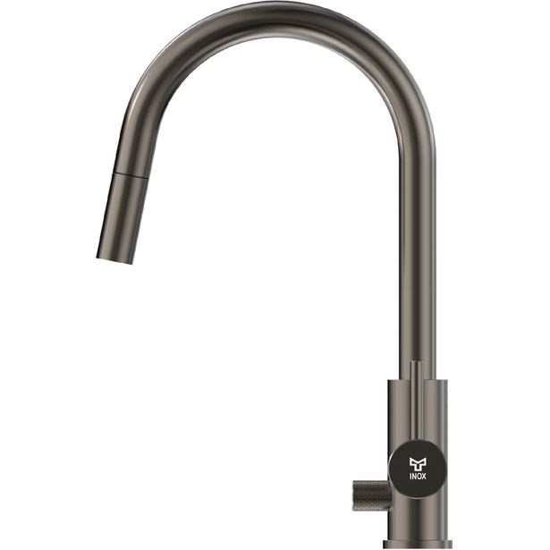 Keittiöhana INOX by Tammiholma Q1, C-putki, ulosvedettävä juoksuputki ja APK-venttiili, gun metal