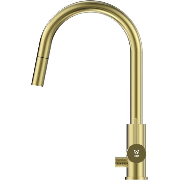 Keittiöhana INOX by Tammiholma Q1, C-putki, ulosvedettävä juoksuputki ja APK-venttiili, vaalea kulta