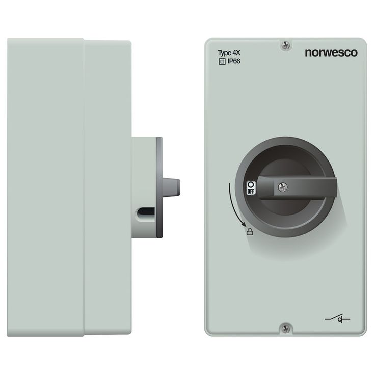 Turvakytkin Norwesco DCM416, DC-kytkin aurinkosähkölle, edestä väännettävä, 4x16A, 4xM20/M25 aihiota, 1500V, IP66, harmaa